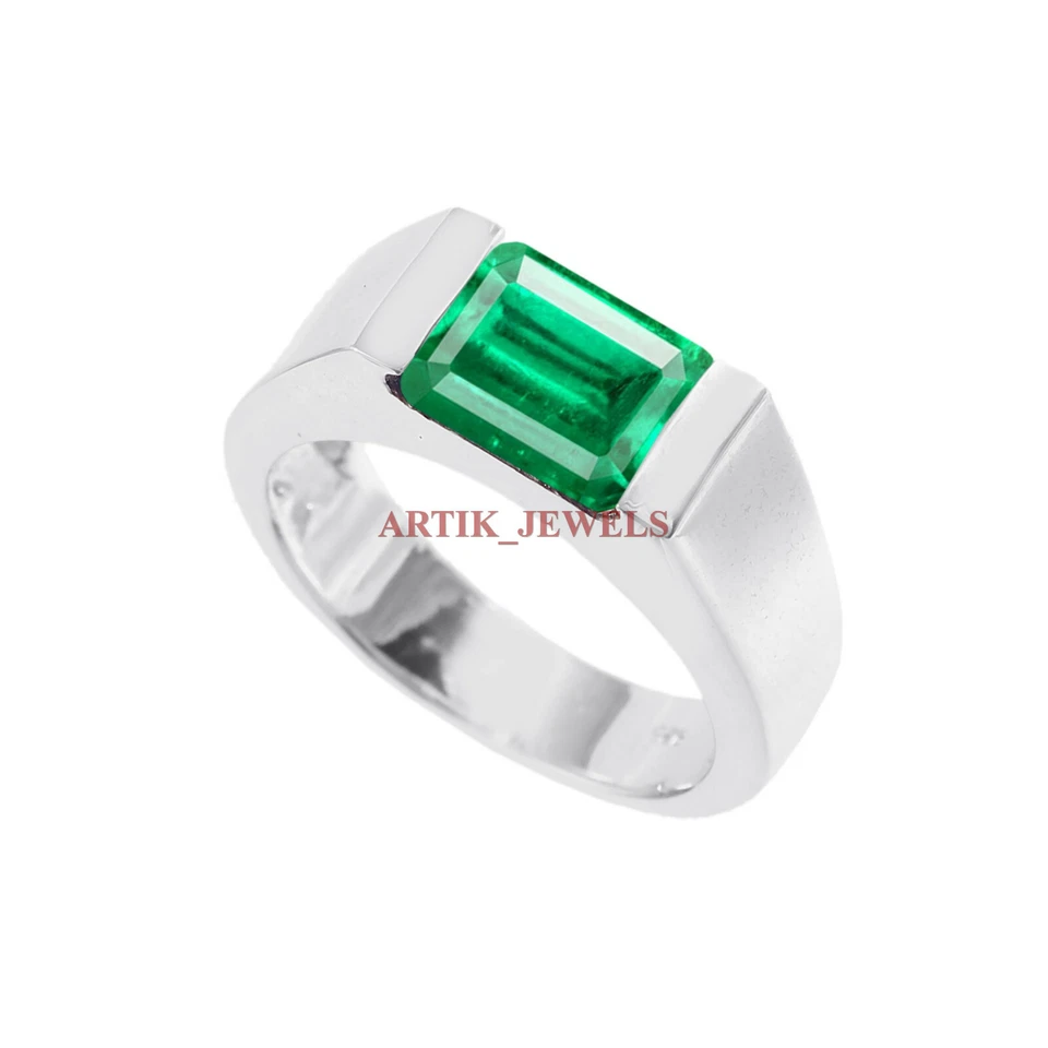 Labor Erstellt Smaragd Edelstein Mit 925 Sterlingsilber Ring für Herren #5740 - Bild 3 von 4