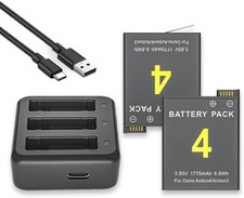 2 Pack Osmo Replace Batteries and 3-Channel Charger for DJI Osmo Action 4 Camera