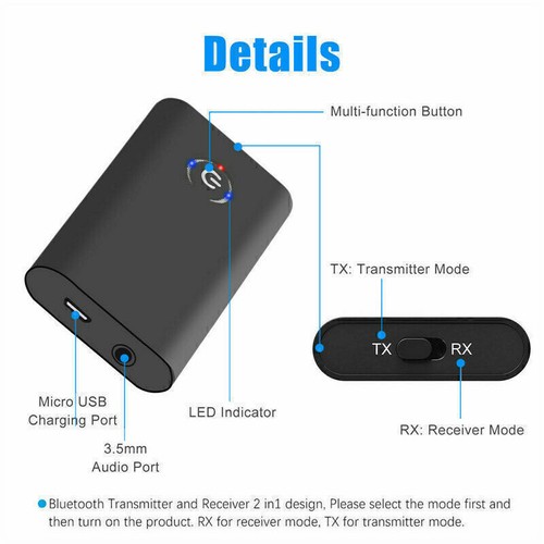 2 In 1 Bluetooth 5.0 Transmitter Receiver Wireless Audio 3.5mm Aux Adapter - Afbeelding 9 van 11