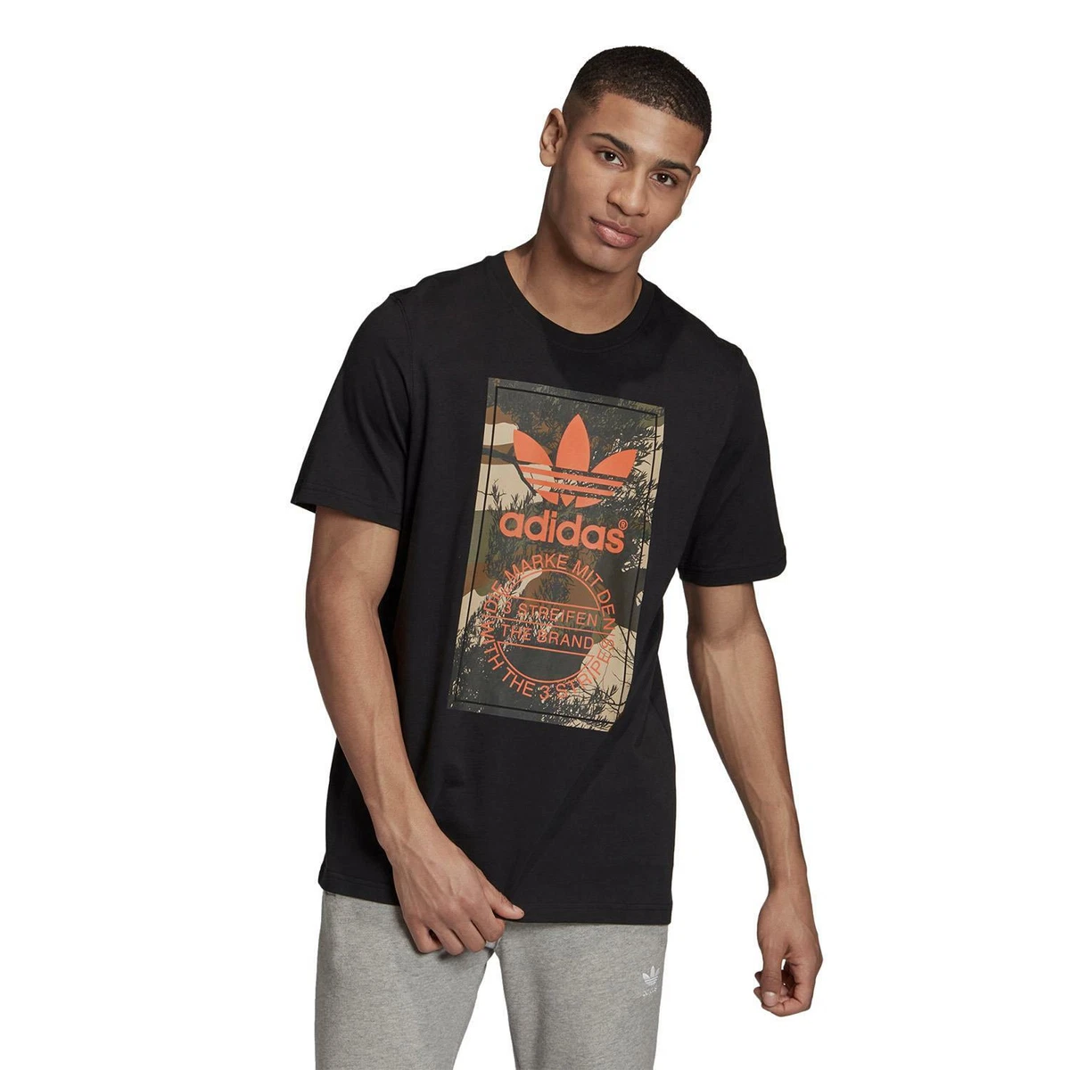 adidas ORIGINALS CAMO TONGUE TEE T-SHIRT BLACK ORANGE MEN\'S SUMMER TREFOIL  RETRO | eBay