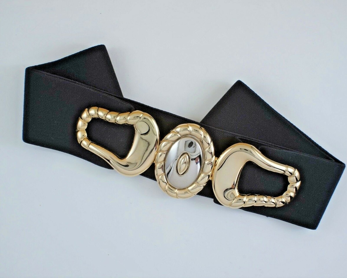 Thick wide Black Belt with Gold Buckle. Size small Women Black Wide Faux Leather Elastic Dressy Look Belt Gold  main image 4