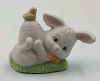 Vintage Bisque Easter Bunny With Bird Figurine