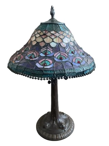 Vintage 90s Dale Tiffany 16” Peacock Stained Glass Table Lamp 25” Dual Pull RARE