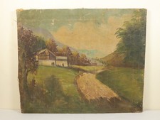 Vintage Oil Painting on Canvas Rustic Landscape Path Farmhouse Signed Art