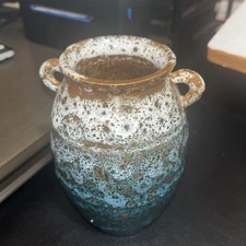 6x4" Rustic Farmhouse Vase, Vintage Weathered Look, Ceramic Pottery, Green Brown