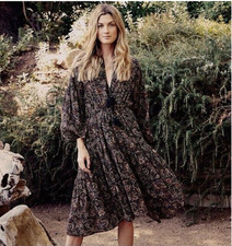 Doen Dress Small Honfleur Anita Paisley Belted Boho Flowy Midi Long Sleeve