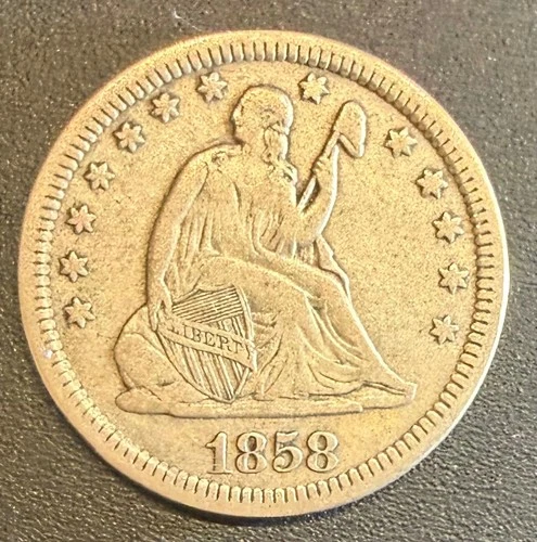 1858 Seated Liberty Quarter  No Arrows in VF Condition