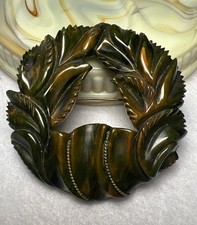 Vintage Dark Green Bakelite Marbled Spinach Butterscotch Carved Brooch 2.5”