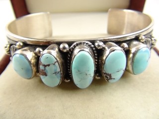Navajo Happy Piasso 43g 6.75" Stamped Sterling 5 Turquoise Cuff Bracelet Navajo