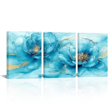 Modern Floral Wall Art Turquoise Blue Flower Print with Gold Accents Picture ...