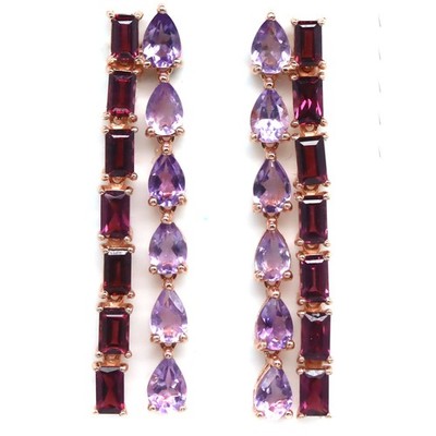Thai Handgefertigt 4 x 6 Mm. Pink Amethyst & Violett Pink Rhodolith Ohrringe
