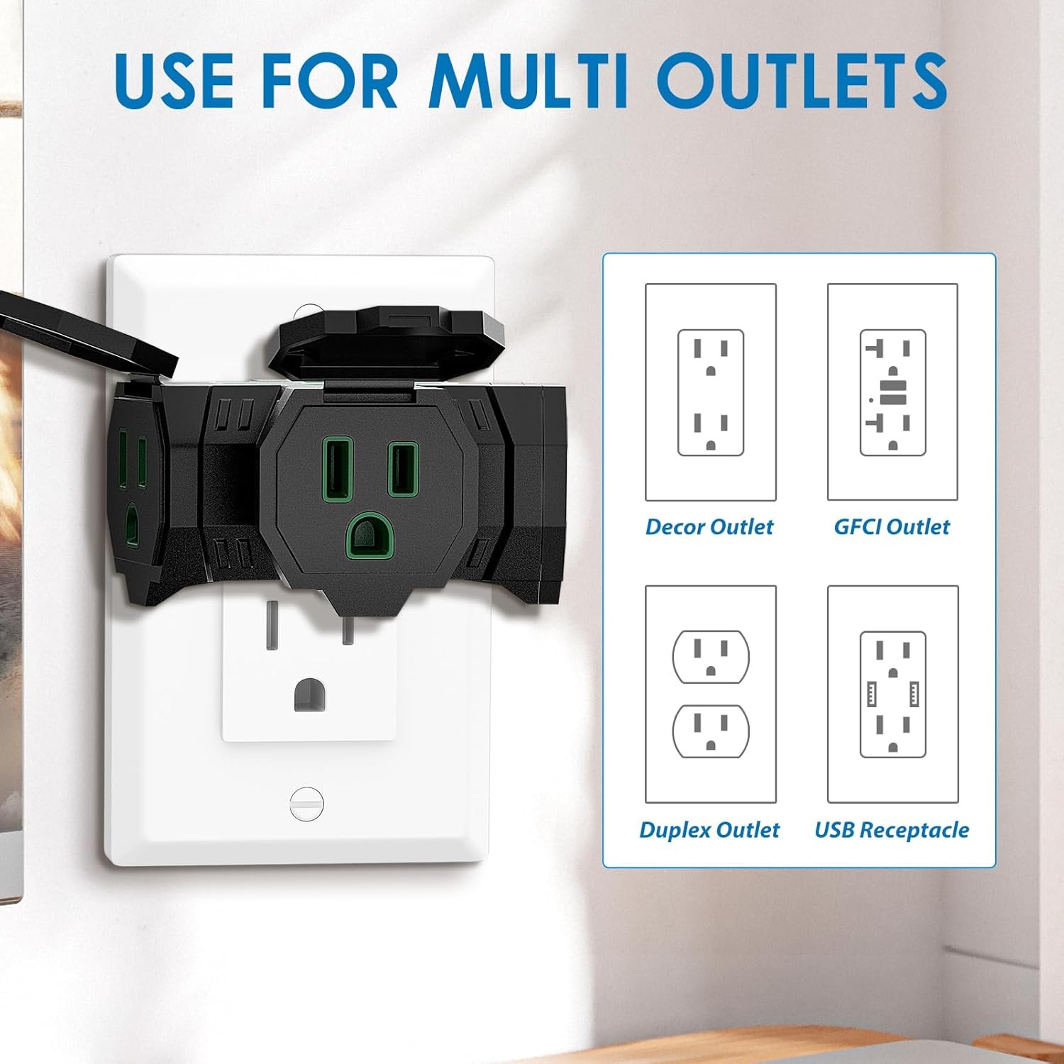 K KASONIC - Electrical Multi-Outlet, 3-Way Indoor Outdoor Adapter with Green 