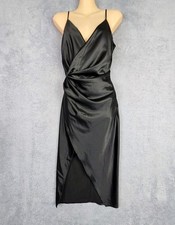 NWT House of CB Wrap Dress S Black Satin Drape Back Sexy Thigh Split Deep V