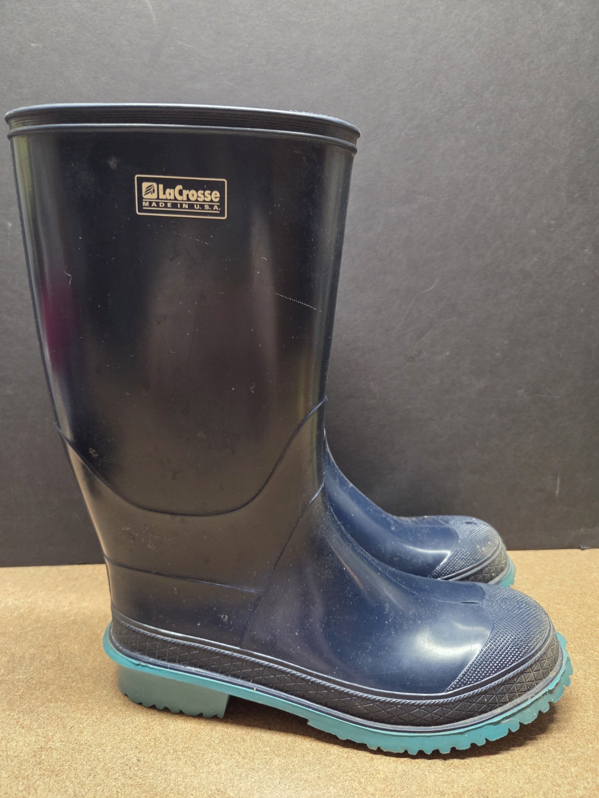 VTG LaCrosse NavyRubber Rain Boots Teal Outsole Tall Made in USA womens 6