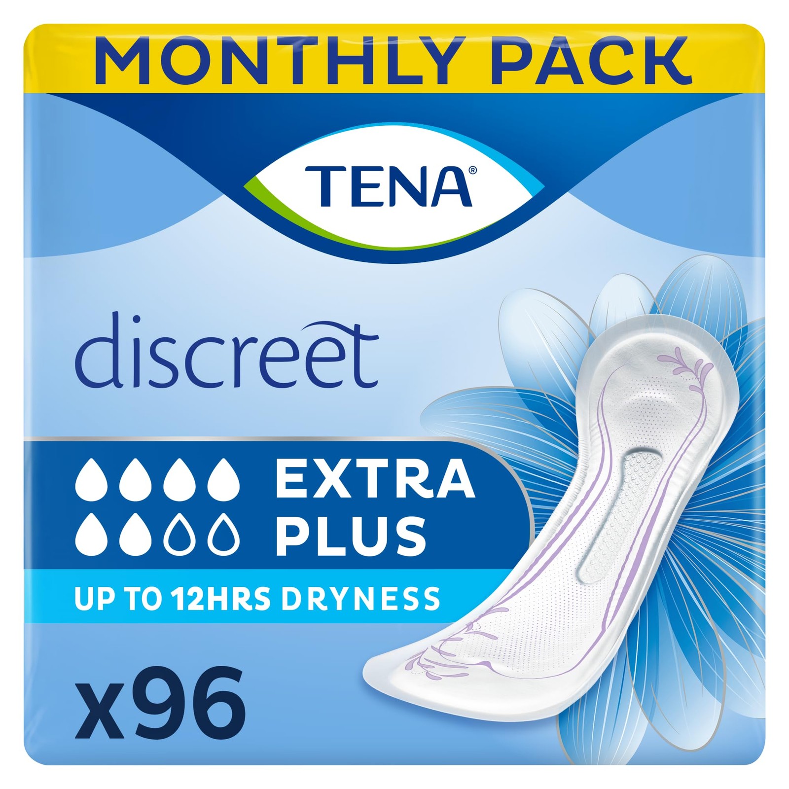 TENA Discreet Extra Plus, 96 Incontinence Pads16 count (Pack of 6)