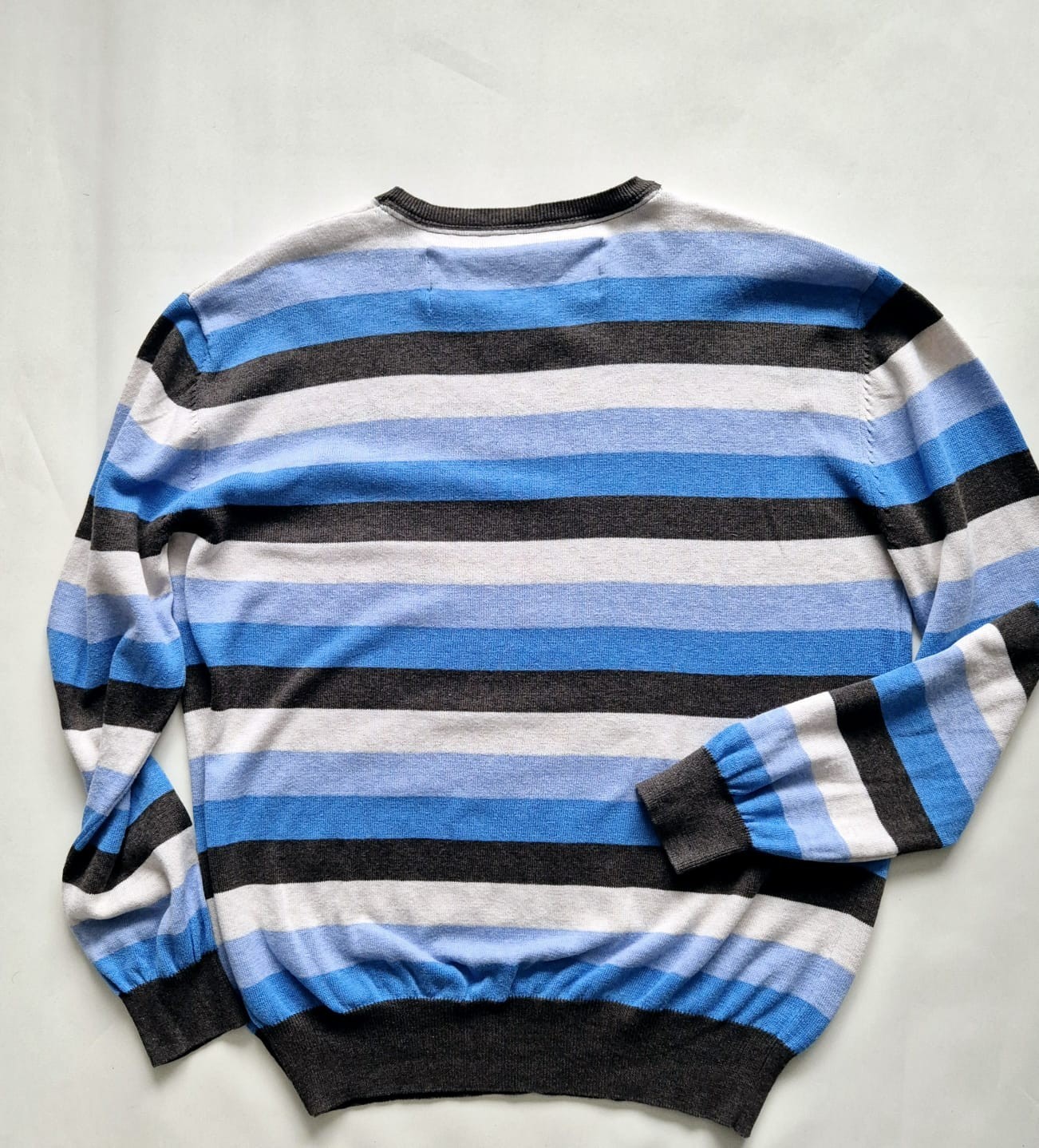RJR John Rocha Men’s Jumper XL Blue Grey Striped V-Neck 100percent Cotton VGC image 2