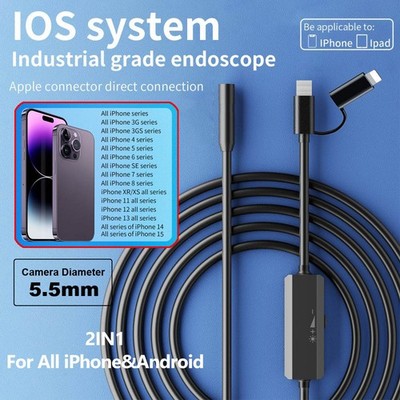 Slim Camera 5.5mm Endoscope for iOS iPhone17/16/15/14/13 iPad Android Waterproof