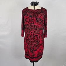 AB Studio Dress Women's 14 Red Black Aztec Floral Pattern Bodycon Long Sleeve