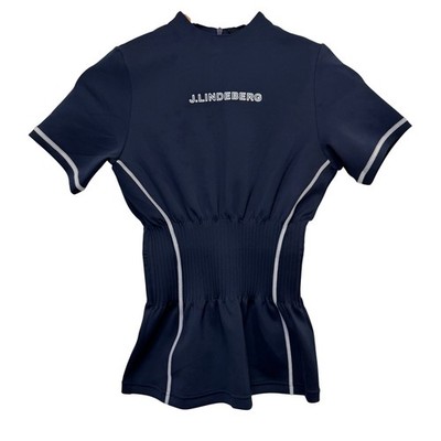 J.Lindeberg Womens Kim Golf Top XS Navy Smocked Waist Mock Neck Sporty Golfcore