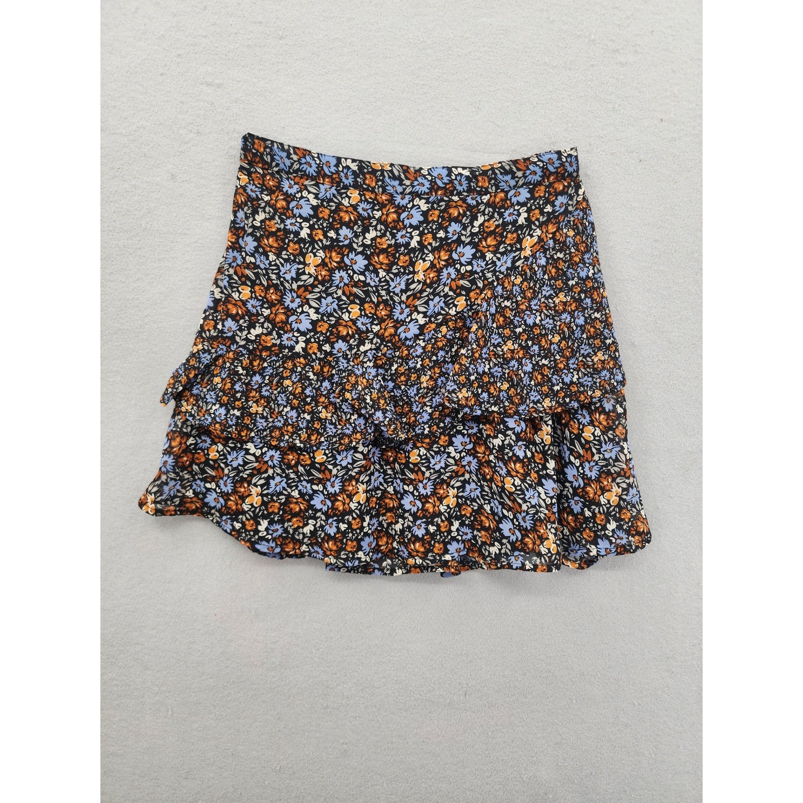 Japna Floral Mini Skirt Small Boho Ruffle Tiered Black Orange Blue Summer Skort