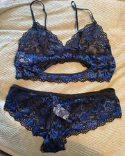 Shein Womens Bra Set Blue Lace Floral Adjustable Straps Lingerie Size Large