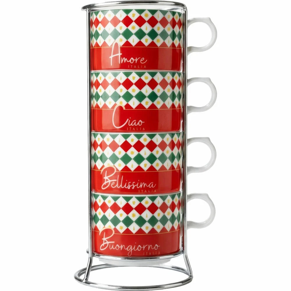 Bialetti Cappuccinotassen Ciao Italia 4er Set mit Metallständer Porzellan 160 ml