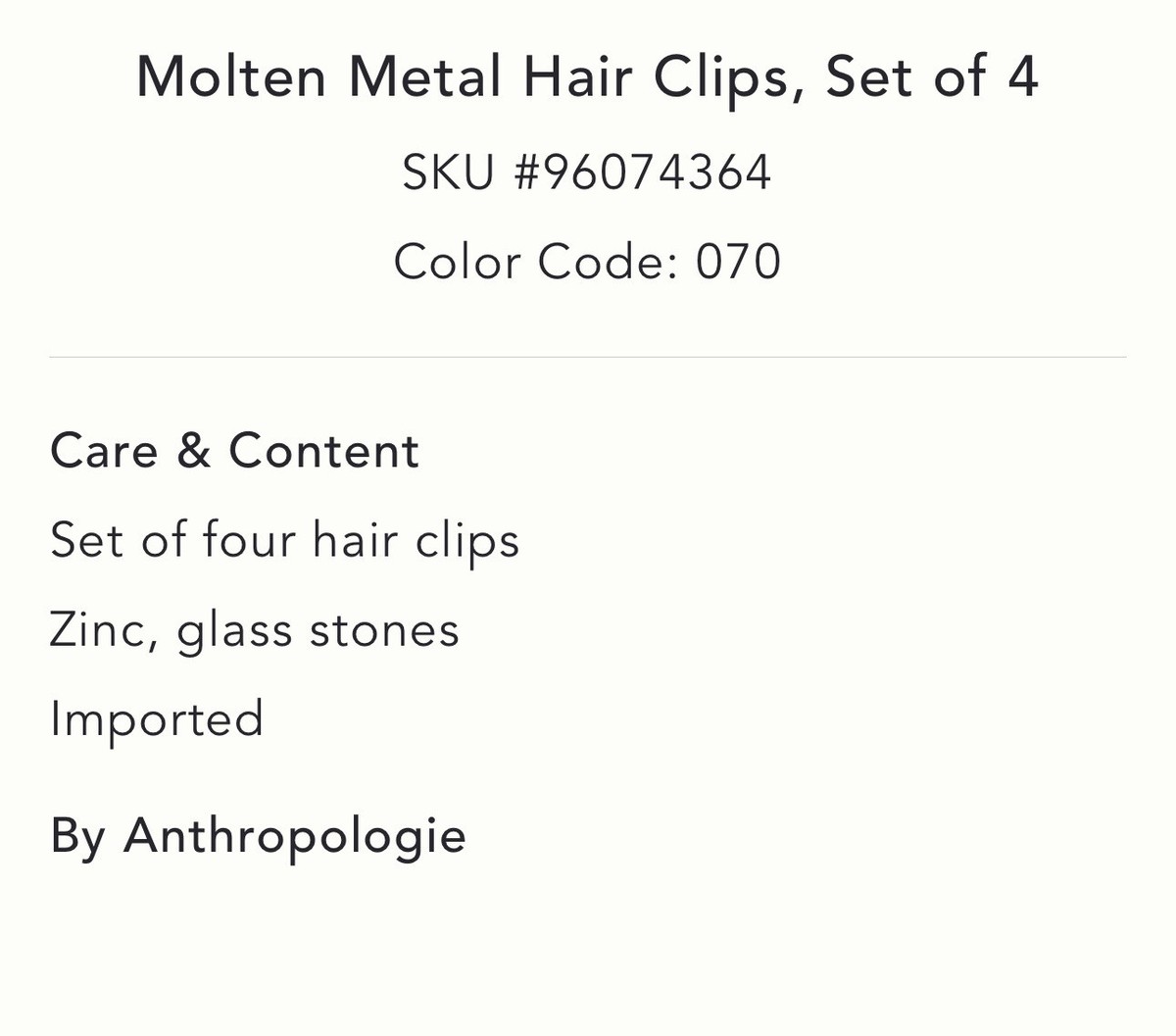 Anthropologie Molten Metal Hair Clips, Set of 4 | eBay
