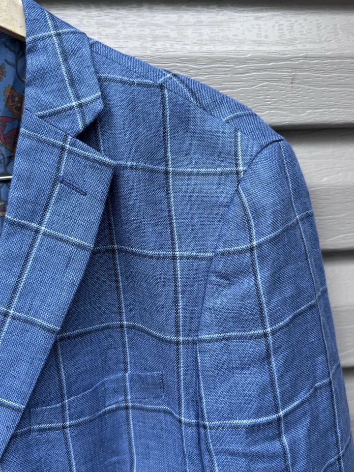 Blazer TALLIA Para Hombres Abrigo Deportivo Chaqueta de Dos Botones 46L Lino Azul Traje Parche Codo Foto 3 de 4