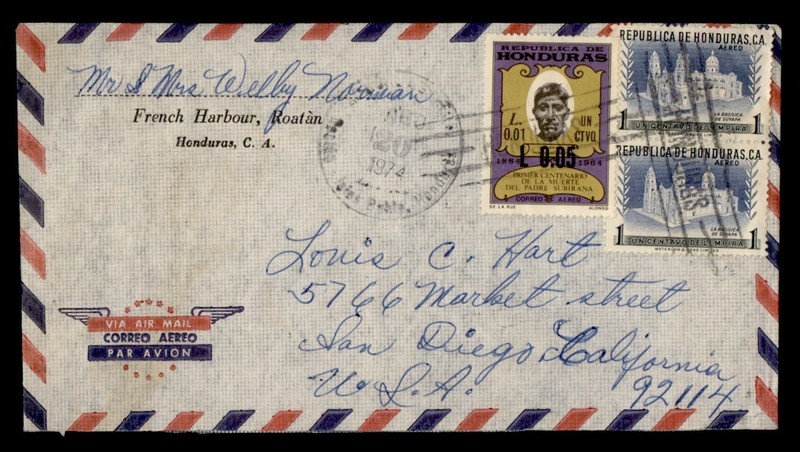 DR WHO 1974 HONDURAS OVPT FRENCH HARBOUR AIRMAIL TO USA R81993