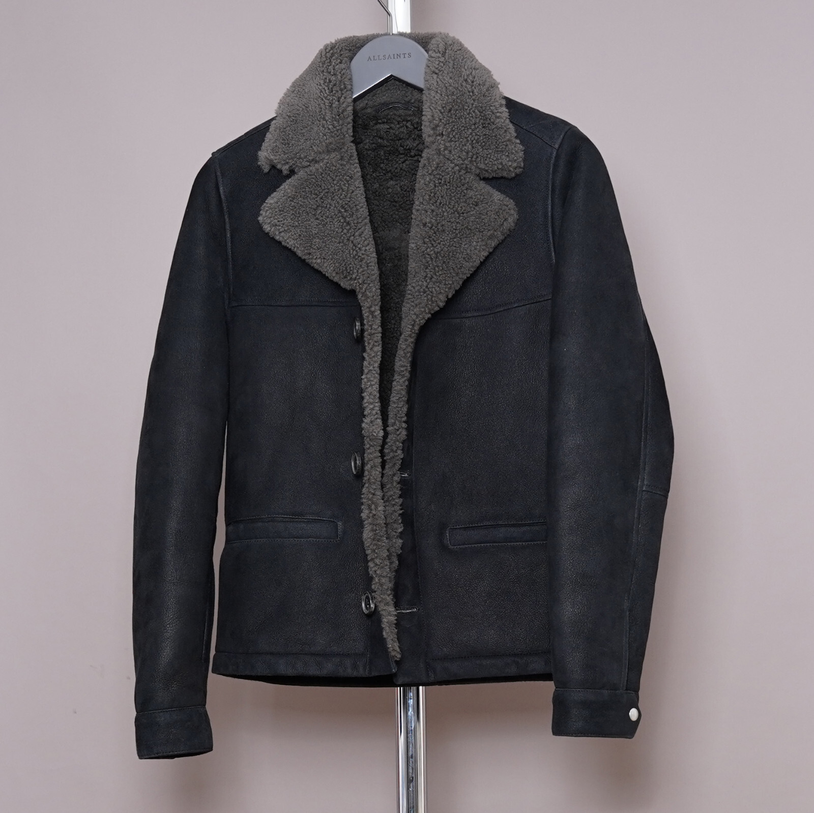 ALL SAINTS Shearling Leather Jacket EXTRA SMALL Mens Black XS Sheepskin GARRICK