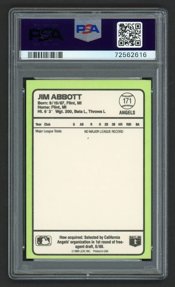 1989 DONRUSS JIM ABBOTT #171 BASEBALL'S BEST ROOKIE RC PSA 6 EXCELLENT-MINT - Image 2 of 2