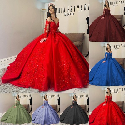 Quinceanera Dresses Off Shoulder Long Sleeve Beaded Sweet 16 Pageant Ball Gowns