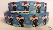 Grosgrain Ribbon, Cute Baby Penguin Santa Claus Hat Snow Flakes Christmas, 1"