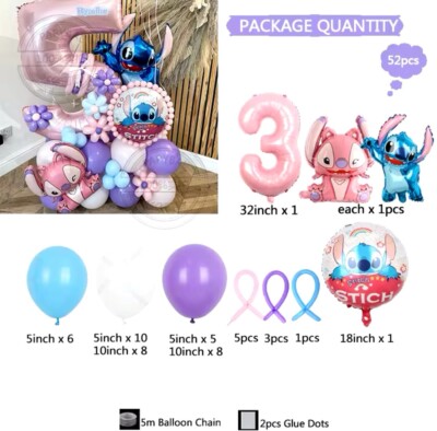 52 Stück Stitch Disney Ballonsäule blau lila weiß Ballon Set rosa Zahl Folie