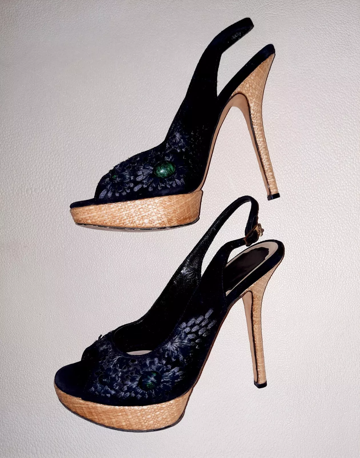 Pompe femme Christian Dior 36,5/US 6,5 panier tissé/bijoux émeraude/noir ITALIE