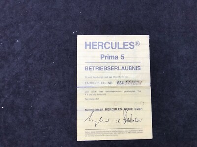 Betriebserlaubnis Hercules Prima 5 Typ 634 Febr. 1982 Original