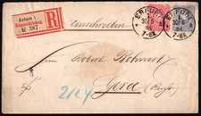30.5.1884 R-Brief mit MiF. von Erfurt nach Gera mit r&uuml;ckseitigem Ankunftstempel