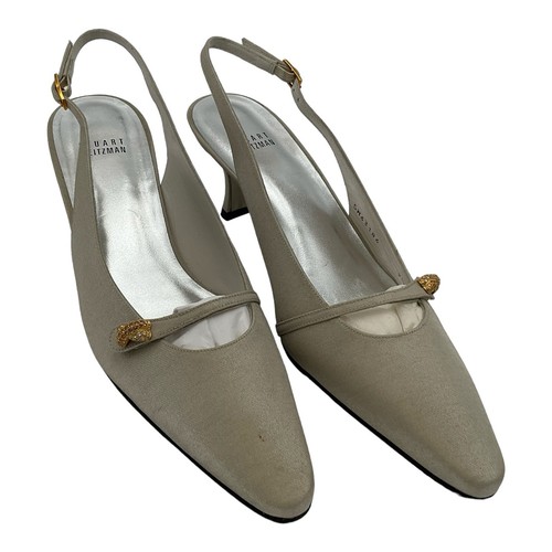 Stuart Weitzman Slingback Heels 9.5 M Beige Kitten Heel Gold Accent Dressy - Picture 2 of 13