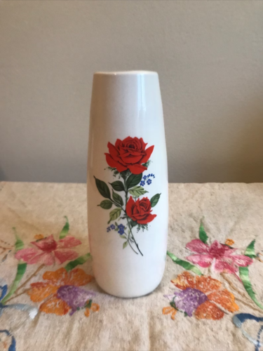 Vintage Porcelain Vase RED ROSE FLORAL Design 8” - Picture 1 of 3