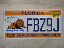 Florida 2019 Memorial University  license plate   # FBZ 9 J