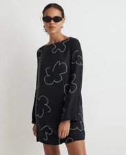 Madewell Shift Mini Dress True Black Floral XXS NO121 Bell Sleeves Silky NWT