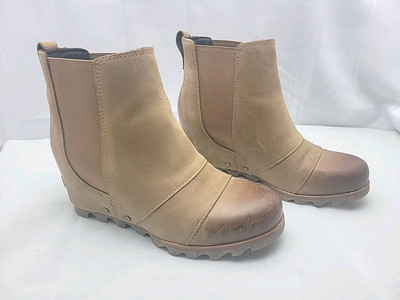 Sorel Joan of Arctic LEA ELK CURRY BROWN TAN Leather Ankle Boot Wedge Sz. 8