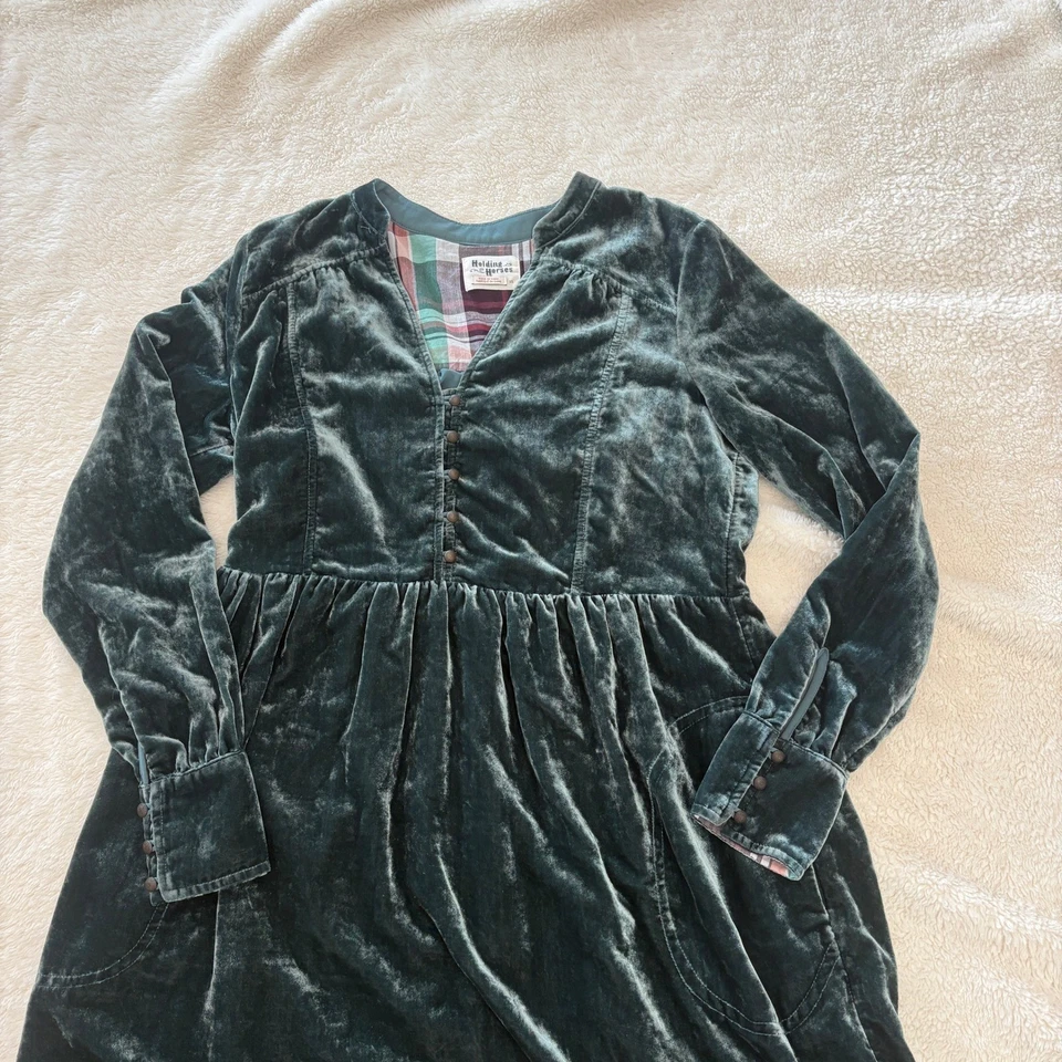 Vestido de terciopelo Holding Horses para mujer XS Forrest verde manga larga abotonada Foto 2 de 4