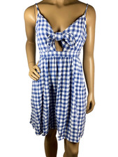 Old Navy Blue White Gingham Dress Tie Front Size S Cut Out Adj Straps