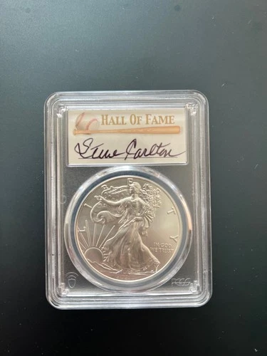 2021 American Silver Eagle MS70 FDOI HOF Steve Carlton Signed Pop 50