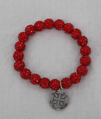 Rustic Cuff Red Rhinestone Beaded Stretch Bracelet Silver Tone Charm 8 Inch