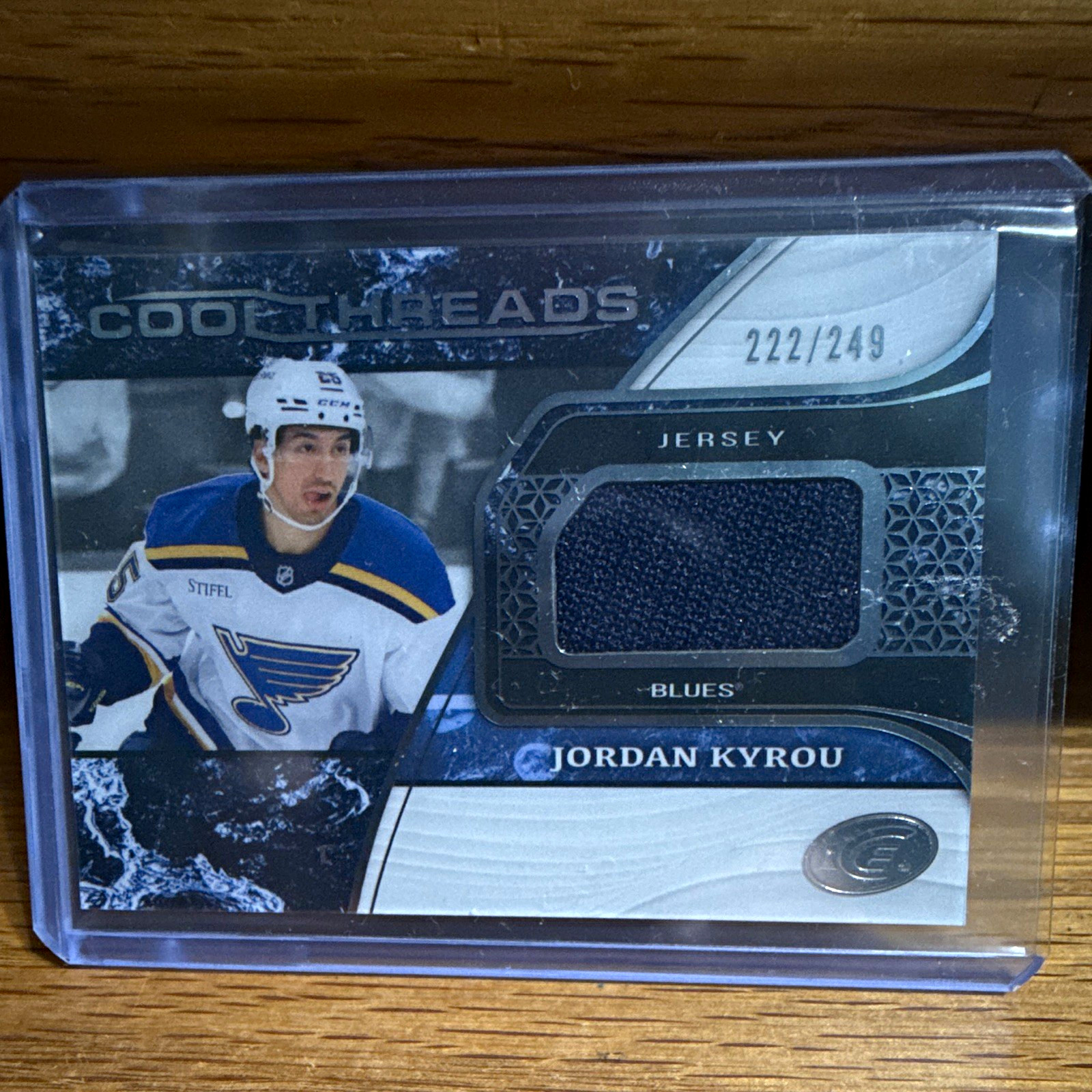 Upper Deck UD Ice 2025-26 Jordan Kyrou Blues Cool Threads Jersey #CT-JK /249