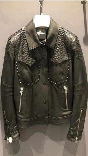 Men's Black Leather Studded Snake Skin Embossed Biker Jacket Punk Rock Moto Coat - product listing photo