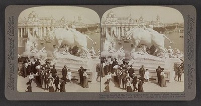 , Vigorous beauty of MacNeil's Captive Bull on terrace above fountain and basin