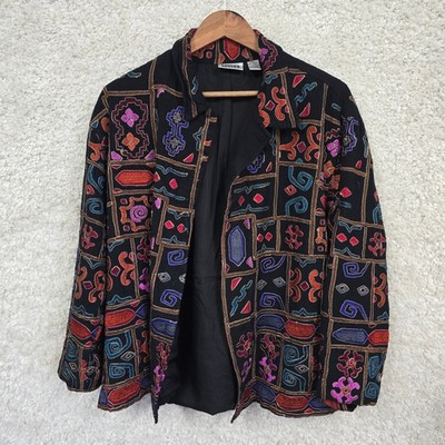 Vintage Chicos Design Jacket Womens 2 Large Black Embroidered Art To Wear Boho